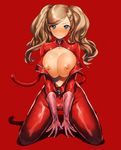  blonde_hair blue_eyes blush bodysuit breast_squeeze breasts breasts_outside cat_tail cleavage gloves hair_ornament hairclip kneeling large_breasts long_hair looking_at_viewer nose_blush persona persona_5 pink_gloves red red_background red_bodysuit shadow simple_background sugihara_azuki sweatdrop tail takamaki_anne twintails unzipped 