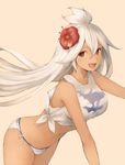  :d bad_id bad_twitter_id beige_background bikini bikini_bottom breasts commentary_request cowboy_shot cowlick crop_top dark_skin flower granblue_fantasy hair_between_eyes hibiscus highres koretsuki_azuma large_breasts leaning_forward long_hair looking_at_viewer navel open_mouth red_eyes shirt side-tie_bikini simple_background sleeveless sleeveless_shirt smile solo swimsuit tied_shirt very_long_hair white_bikini white_bikini_bottom white_shirt zooey_(granblue_fantasy) 