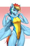  2017 5_fingers anthro blue_feathers breasts clothing cutie_mark equine eyelashes feathered_wings feathers female friendship_is_magic hair mammal multicolored_hair my_little_pony mykegreywolf pegasus purple_eyes rainbow_dash_(mlp) rainbow_hair smile solo swimsuit wide_hips wings 