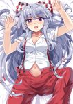  :d arms_up bangs bare_arms blush bow collarbone collared_shirt commentary_request cowboy_shot e.o. eyebrows eyebrows_visible_through_hair fujiwara_no_mokou hair_bow hair_ribbon highres leg_up long_hair looking_at_viewer lying midriff_peek navel on_back open_clothes open_mouth open_pants pants red_eyes red_pants ribbon shiny shiny_hair shirt short_sleeves silver_hair smile solo spread_legs suspenders torn_clothes torn_sleeves touhou very_long_hair white_shirt wing_collar 