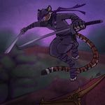  2012 4_toes 5_fingers anthro clothed clothing detailed_background feline holding_object holding_weapon male mammal neotheta purple_eyes solo tiger toes weapon 