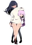  2girls back bangs black_legwear black_skirt bow cardigan cellphone collared_shirt highres jacket jikatarou lavender_hair looking_at_viewer looking_back multiple_girls off_shoulder open_mouth pantyhose phone purple_bow purple_jacket shinjou_akane shirt skirt smartphone ssss.gridman sweater takarada_rikka thigh_grab thighs white_cardigan white_shirt white_sweater 