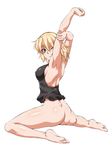  ;( armpits arms_up ass backless_outfit bad_id bad_twitter_id bangs bare_back blonde_hair bottomless breasts closed_mouth commentary_request covered_nipples eyebrows_visible_through_hair from_side full_body green_eyes halterneck looking_at_viewer looking_to_the_side medium_breasts mizuhashi_parsee ootsuki_wataru plantar_flexion pointy_ears short_hair sideboob simple_background solo stretch tank_top touhou white_background 