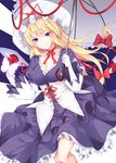  blonde_hair bow breasts cleavage hair_bow hat holding holding_umbrella large_breasts long_hair merukiarisu mob_cap purple_eyes red_bow red_ribbon ribbon solo touhou umbrella yakumo_yukari 