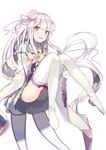  bad_id bad_pixiv_id bangs blunt_bangs blush commentary detached_sleeves emilia_(re:zero) flower frills grey_background hair_flower hair_ornament hair_ribbon headdress knees_together_feet_apart long_hair long_legs looking_at_viewer nuudoru open_mouth purple_eyes purple_ribbon re:zero_kara_hajimeru_isekai_seikatsu ribbon silver_hair simple_background smile solo thighhighs thighs white_flower white_legwear wide_sleeves 