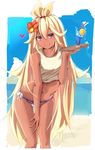  absurdres bare_arms bare_legs bikini blonde_hair cup dark_skin drink drinking_glass drinking_straw flower granblue_fantasy hair_flower hair_ornament heart hibiscus highres leaning_forward long_hair looking_at_viewer mismatched_bikini navel red_eyes smile solo swimsuit thigh_gap tray very_long_hair white_bikini yuchio zooey_(granblue_fantasy) 