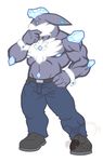  2017 4_fingers abs anthro anthrofied barazoku beard belt biceps blue_eyes body_hair butler carbink chest_hair clothed clothing crystal cuffs_(disambiguation) facial_hair gem kingdomheartskeeper kingdomxathers long_ears male manly mature_male mineral_fauna muscular muscular_male nintendo nipples pants pecs piercing pok&eacute;mon pok&eacute;morph pompadour simple_background solo standing topless video_games white_background 