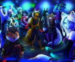  2013 anthro armor blue_eyes blue_hair braided_hair breasts brown_hair canine clothed clothing dancing dog feline female fox fur glowing glowing_eyes glowstick goth group hair hat hybrid hyena kira liger lynx male mammal manul neotheta party purple_eyes rave smile white_fur white_hair wolf 