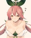  arms_at_sides bad_id bad_twitter_id bangs beige_background blush breasts closed_mouth collarbone commentary_request eighth_note eyebrows_visible_through_hair granblue_fantasy hair_between_eyes highres humming koretsuki_azuma large_breasts long_hair looking_at_viewer low_twintails musical_note pink_hair plant_girl smile solo twintails upper_body yellow_eyes yggdrasil_(granblue_fantasy) 