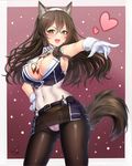  adapted_costume animal_ears armpits artist_name ashigara_(kantai_collection) ass_visible_through_thighs bare_arms belt belt_buckle between_breasts blush border breasts brown_eyes brown_hair buckle cameltoe collar covered_navel doyouwantto fang fangs gloves hair_between_eyes hand_on_hip headband kantai_collection large_breasts leotard long_hair outdoors panties pantyhose pink_panties pointing remodel_(kantai_collection) revealing_clothes sideboob star starry_background tail turret underwear white_border white_gloves wolf_ears wolf_girl wolf_tail 