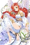  ankle_ribbon aqua_eyes bare_shoulders barefoot braid detached_sleeves empew feet flower jewelry jibril_(soccer_spirits) lily_(flower) long_hair red_hair ribbon single_braid smile soccer_spirits solo very_long_hair wings 