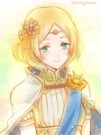  armor blonde_hair blue_eyes cape fire_emblem fire_emblem_musou flower hair_flower hair_ornament hanasaki_komugi lian_(fire_emblem) looking_at_viewer smile 