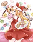  ;p abe_suke blonde_hair bow bowtie commentary_request cowboy_shot cupcake doughnut eyebrows_visible_through_hair flandre_scarlet food hair_between_eyes hand_to_own_mouth hand_up hat hat_bow hat_ribbon high-waist_skirt holding holding_food holding_plate long_hair looking_at_viewer mob_cap one_eye_closed plate pointy_ears red_bow red_eyes red_ribbon red_skirt red_vest ribbon shiny shiny_hair shirt short_sleeves side_ponytail skirt skirt_set slit_pupils smile solo standing sweets tongue tongue_out touhou vest white_shirt wings wrist_cuffs 