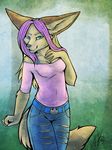  2012 anthro blue_eyes breasts canine clothed clothing female fox hair looking_at_viewer mammal neotheta pink_hair smile solo standing 