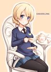  absurdres bangs beige_background black_legwear black_neckwear blonde_hair blue_eyes blue_skirt blue_sweater blush braid character_name closed_mouth collared_shirt cowboy_shot creamer_(vessel) cup darjeeling dress_shirt emblem girls_und_panzer highres holding holding_cup kapatarou long_sleeves looking_at_viewer miniskirt necktie pantyhose pleated_skirt saucer school_uniform shirt short_hair sitting sketch skirt smile solo st._gloriana's_school_uniform sweater tea_set teacup teapot thighs tied_hair twin_braids v-neck white_shirt 