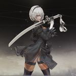  3d black_dress blue_eyes boots cleavage_cutout cowboy_shot dress gloves hair_over_one_eye hairband highres leslyzerosix lips looking_at_viewer nier_(series) nier_automata no_blindfold short_hair silver_hair solo sword thigh_boots thighhighs thighhighs_under_boots weapon yorha_no._2_type_b 
