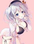  artist_name beret bikini black_bikini black_hat blue_eyes blush breasts collarbone halterneck hand_in_hair hand_on_own_cheek hat kantai_collection kashima_(kantai_collection) large_breasts leaning_forward long_hair long_sleeves looking_at_viewer navel open_mouth pink_background shirt silver_hair simple_background solo sousouman swimsuit twintails white_shirt 