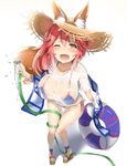  animal_ears bikini blue_bikini blush breasts cleavage ears_through_headwear fate/extra fate/grand_order fate_(series) fox_ears fox_tail from_above hat highres hose innertube knees_together_feet_apart large_breasts leaning_forward long_hair looking_at_viewer one_eye_closed open_mouth pink_hair platform_footwear reinama sandals see-through shirt side-tie_bikini solo star straw_hat sun_hat swimsuit t-shirt tail tamamo_(fate)_(all) tamamo_no_mae_(fate) tamamo_no_mae_(swimsuit_lancer)_(fate) thighs wet wet_clothes wet_shirt wet_t-shirt white_shirt yellow_eyes 
