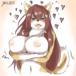  &lt;3 2017 anthro areola big_breasts black_nose blue_eyes blush breasts brown_hair canine crossed_arms dog female front_view hair half-length_portrait happy holding_breast kemono long_hair looking_at_viewer mammal navel neck_tuft nipples nude open_mouth portrait signature simple_background solo teeth tongue tuft yus-ts 