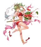  armpits arms_up ass bangs barefoot bikini bracelet broken butt_crack chiki eyebrows_visible_through_hair fire_emblem fire_emblem:_kakusei fire_emblem:_monshou_no_nazo fire_emblem_heroes food fruit full_body green_eyes green_hair hair_ornament highres jewelry looking_away mamkute okaya_mrh pointy_ears ponytail red_bikini sandals solo stick suikawari swimsuit torn_clothes transparent_background watermelon 