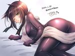  ahoge aran_sweater ass backless_outfit blush bodysuit breasts brown_hair dated dress feet_out_of_frame hair_flaps hairband halterneck hatsuzuki_(kantai_collection) headband impossible_clothes kantai_collection looking_at_viewer medium_breasts meme_attire one_eye_closed parted_lips ribbed_sweater sasachin_(k+w) school_uniform serafuku shiny shiny_clothes shiny_skin short_hair sideboob signature solo sweater sweater_dress turtleneck turtleneck_sweater twitter_username virgin_killer_sweater yellow_eyes 
