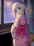  bangs bedroom blue_eyes bow commentary curtains eromanga_sensei eyebrows_visible_through_hair fireworks from_behind hair_bow highres huwali_(dnwls3010) indoors izumi_sagiri japanese_clothes kimono long_hair looking_at_viewer looking_back nape pink_kimono purple_bow sidelocks silver_hair solo stuffed_animal stuffed_duck stuffed_toy tareme twintails window yukata 