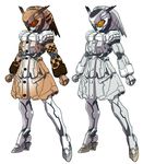  commentary eurasian_eagle_owl_(kemono_friends) full_body kemono_friends mechanization niiyan no_humans northern_white-faced_owl_(kemono_friends) robot simple_background sketch standing white_background 