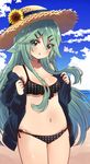  beach bikini blush breasts cloud cloudy_sky commentary_request cowboy_shot day flower green_eyes green_hair hair_ornament hairclip hat hat_flower highres kantai_collection long_hair looking_at_viewer medium_breasts navel outdoors polka_dot polka_dot_bikini side-tie_bikini sky solo sun_hat sunflower suzuki_toto swimsuit yamakaze_(kantai_collection) 