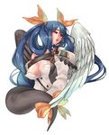  1girl :o bare_shoulders blue_hair breasts cleavage cowboy_shot dizzy eyebrows_visible_through_hair featherism_(yuna) guilty_gear hair_ribbon large_breasts long_hair long_sleeves looking_away open_mouth red_eyes ribbon simple_background solo tail twintails upper_body wings 