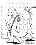  backsack balls compression_artifacts leafdog male mammal monochrome mustelid naughty_face nude otter pinup pose shower simple_background solo towel traditional_media_(artwork) 