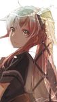  closed_mouth commentary_request eyebrows_visible_through_hair from_side hair_between_eyes hair_ornament hair_ribbon high_ponytail highres jacket kantai_collection long_hair looking_at_viewer pink_hair remodel_(kantai_collection) ribbon rinto_(rint_rnt) school_uniform shaded_face short_sleeves side_ponytail sidelocks simple_background smile solo upper_body very_long_hair white_background x_hair_ornament yellow_eyes yura_(kantai_collection) 