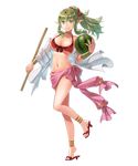  bangs bare_shoulders bikini bracelet breasts chiki cleavage collarbone eyebrows_visible_through_hair fire_emblem fire_emblem:_kakusei fire_emblem:_monshou_no_nazo fire_emblem_heroes food front-tie_bikini front-tie_top fruit full_body green_eyes green_hair hair_ornament highres holding jewelry large_breasts leg_up long_hair looking_at_viewer mamkute navel official_art okaya_mrh open_mouth pointy_ears ponytail red_bikini smile solo swimsuit transparent_background 