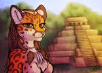  2012 anthro breasts brown_eyes clothed clothing detailed_background featureless_breasts feline female mammal margay neotheta pink_nose solo 