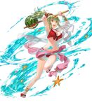  armpits arms_up bangs bikini bracelet chiki eyebrows_visible_through_hair fire_emblem fire_emblem:_kakusei fire_emblem:_monshou_no_nazo fire_emblem_heroes food front-tie_bikini front-tie_top fruit full_body green_eyes green_hair hair_ornament highres holding jewelry leg_up long_hair looking_away mamkute official_art okaya_mrh open_mouth pointy_ears ponytail red_bikini sandals smile solo standing starfish stick suikawari swimsuit transparent_background water 