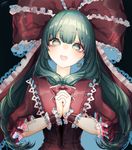  bangs black_background blunt_bangs commentary_request corset dress earrings front_ponytail green_eyes green_hair hair_ribbon hands_clasped head_tilt jewelry kagiyama_hina long_hair looking_at_viewer mokokiyo_(asaddr) own_hands_together puffy_short_sleeves puffy_sleeves red_dress red_ribbon ribbon ringed_eyes short_sleeves signature simple_background smile solo touhou upper_body wrist_cuffs 