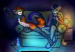  2013 4_toes anthro blue_hair breasts brown_hair cat digitigrade duo featureless_breasts featureless_crotch feline female hair male mammal navel neotheta nude red_panda sitting smile toes 