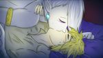  2boys armlet bare_shoulders bed blonde_hair blush earrings eyes_closed ghirahim hug interspecies jewelry kiss link lying lying_on_person male_focus multiple_boys neck nintendo on_back on_bed pointy_ears short_hair silver_hair sweat the_legend_of_zelda the_legend_of_zelda:_skyward_sword yaoi 