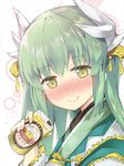  alcohol beer beer_bottle blush commentary_request drunk fate/grand_order fate_(series) green_hair hair_ornament horns japanese_clothes kimono kiyohime_(fate/grand_order) long_hair looking_at_viewer nose_blush rioshi smile solo yellow_eyes 