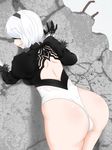  1girl against_wall android ass back back_opening black_hairband blindfold blush breasts cameltoe embarrassed from_behind gloves hairband leotard nier_(series) nier_automata open_mouth shiny shiny_skin short_hair sideboob solo thighhighs thong_leotard u-ron yorha_no._2_type_b 