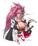  1girl baiken breasts cleavage cowboy_shot eyepatch facial_mark featherism_(yuna) guilty_gear holding kimono large_breasts long_hair makeup obi pink_hair ponytail scar smoke smoking_pipe solo upper_body wide_sleeves 