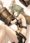  armband backless_outfit bad_id bad_twitter_id bangs black_skirt blush breasts brown_eyes claws commentary_request erune fang granblue_fantasy green_hair hair_between_eyes highres koretsuki_azuma long_legs lying medium_breasts miniskirt on_side open_mouth revealing_clothes sen_(granblue_fantasy) sideboob skirt smile solo wavy_hair 