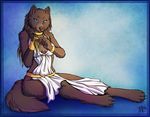  2013 5_fingers anthro barefoot blue_eyes breasts brown_fur brown_nose canine clothed clothing digitigrade fur mammal neotheta smile wolf 