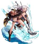 belt bikini boots braid breasts brown_eyes cleavage coat crown_braid female_my_unit_(fire_emblem:_kakusei) fire_emblem fire_emblem:_kakusei fire_emblem_heroes fish full_body gloves highres holding holding_weapon jewelry leg_up long_coat long_hair mayo_(becky2006) medium_breasts my_unit_(fire_emblem:_kakusei) navel necklace o-ring o-ring_bikini o-ring_top octopus official_art open_mouth polearm smile solo swimsuit transparent_background weapon 