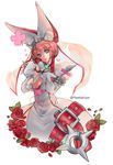  1girl belt blue_eyes breasts cleavage clover dress earrings elphelt_valentine featherism_(yuna) flower gloves guilty_gear guilty_gear_xrd hairband hands_together hat large_breasts looking_at_viewer petals pink_hair ribbon rose short_hair spikes veil 