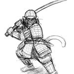  action_pose anthro armor black_and_white cat cat_knight feline female frown helmet hladilnik katana mammal mask melee_weapon monochrome samurai scar solo sword weapon 