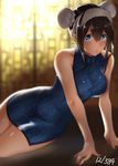  black_hair blue_eyes blurry breasts bun_cover china_dress chinese_clothes depth_of_field double_bun dress hairband idolmaster idolmaster_cinderella_girls large_breasts long_hair looking_at_viewer nohito sagisawa_fumika side_slit solo window 