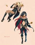  bare_shoulders black_hair blonde_hair blue_eyes blush breasts closed_eyes crow_(gravity_daze) dark_skin detached_sleeves flaxvivi food gravity_daze gravity_daze_2 hair_over_one_eye hairband highres kitten_(gravity_daze) long_hair medium_breasts multicolored_hair multiple_girls red_eyes red_hair scarf smile two-tone_hair 