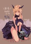  artoria_pendragon_(all) artoria_pendragon_(lancer_alter) ascot bare_legs bare_shoulders between_legs black_dress blonde_hair blush breasts cleavage cleavage_cutout commentary_request dated dress fate/grand_order fate_(series) hand_between_legs highres horns horse kneeling large_breasts llamrei_(fate) looking_at_viewer nove_(legge) red_eyes underboob yellow_eyes 