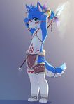  anthro blue_eyes blue_fur bodypaint canine clothing cub fur inner_ear_fluff loincloth male mammal melee_weapon nobusuke polearm spear standing weapon white_fur wolf young 