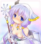  blue_eyes border breasts detached_collar embarrassed flower_knight_girl gloves highres holding holding_wand izumi_yukiru long_hair looking_at_viewer nipple_slip nipples pink_border silver_hair small_breasts solo twintails upper_body wand wardrobe_malfunction white_gloves yomena_(flower_knight_girl) 
